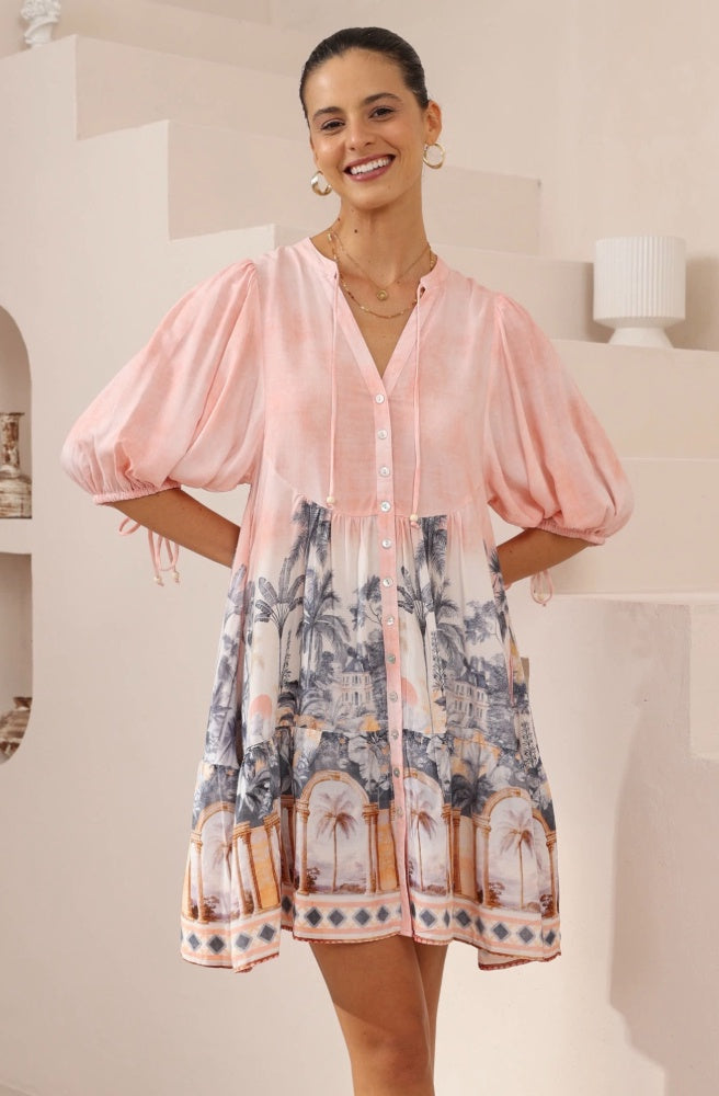 Palma Rosa Mini Dress, Women's Boho Resort Style Smock Dress