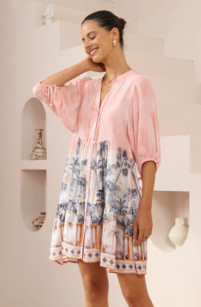 Palma Rosa Mini Dress, Three quarter Sleeves and Drawstring Cuffs