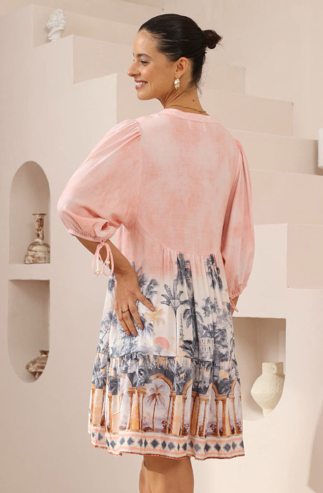 Palma Rosa Mini Dress, Rear View, Border Print Placement on Hem, Empire Waist