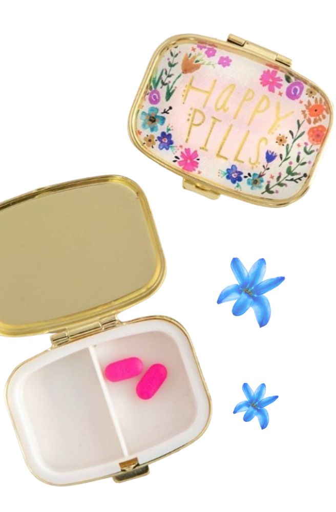 Pill Box Happy Pills Pink Floral, Small pill box with 'Happy Pills' design surrounded by floral design
