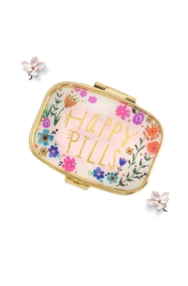 Pill Box Happy Pills Pink Floral, Compact pill box
