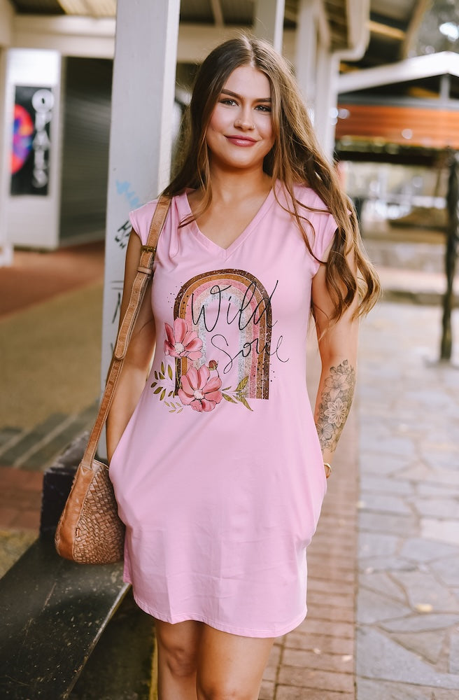 Pink Short Tee Dress, Boho Resort Style