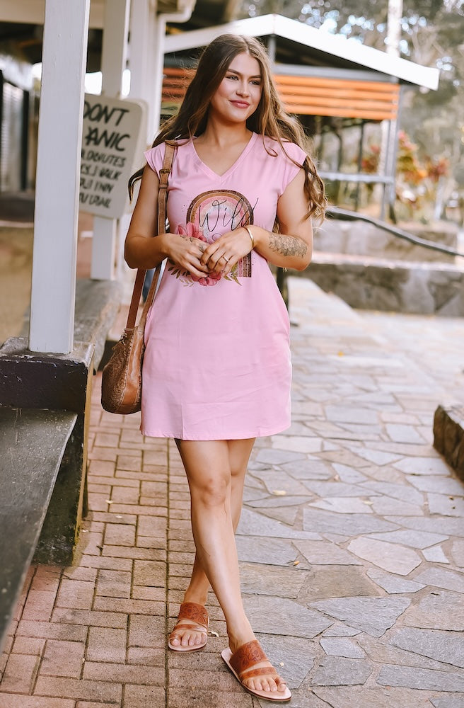 Pink Short Tee Dress, Wild Soul Graphic Motif