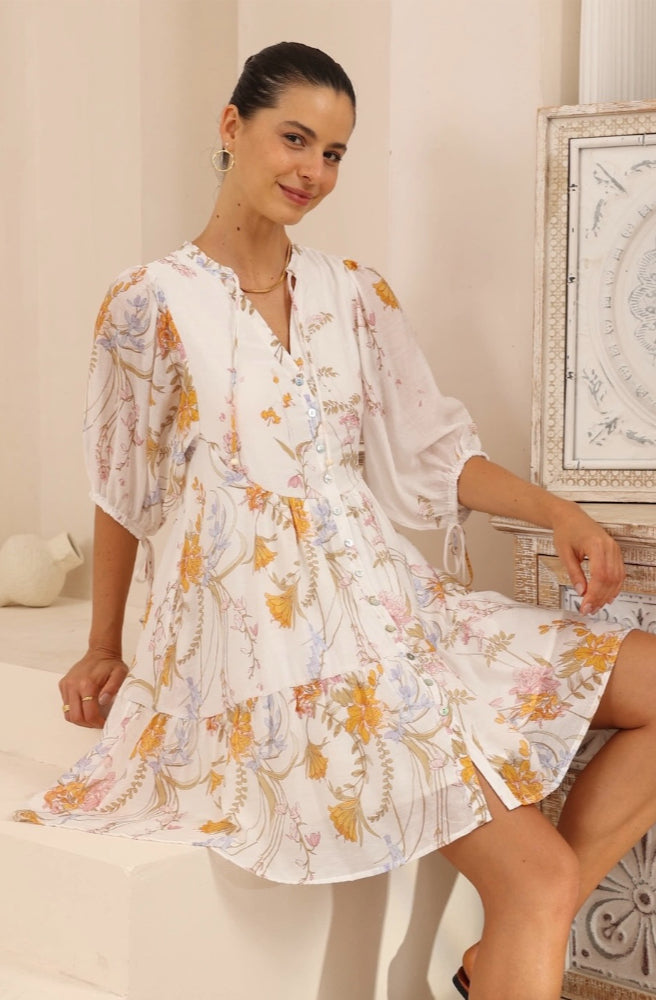 Poet Baby Doll Dress, White Floral Print