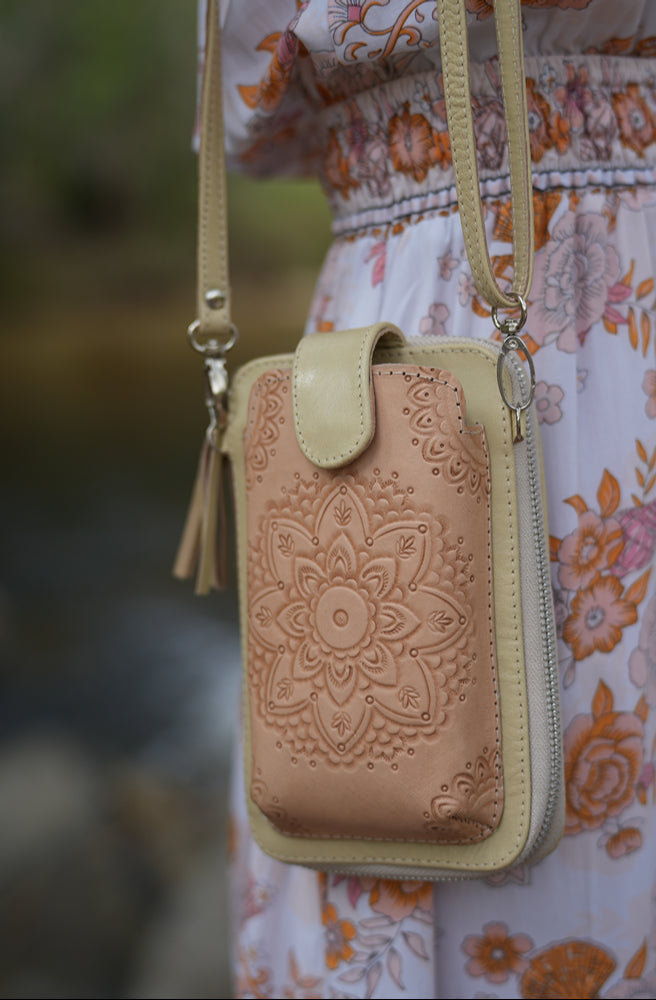 Poppy Phone Pouch, Embossed Floral Leather Phone Bag