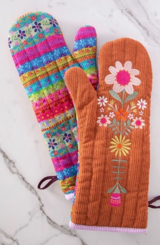 Quilted Oven Mitt Bake Happy Rust Floral, Cotton Corduroy Retro 70s Boho Style