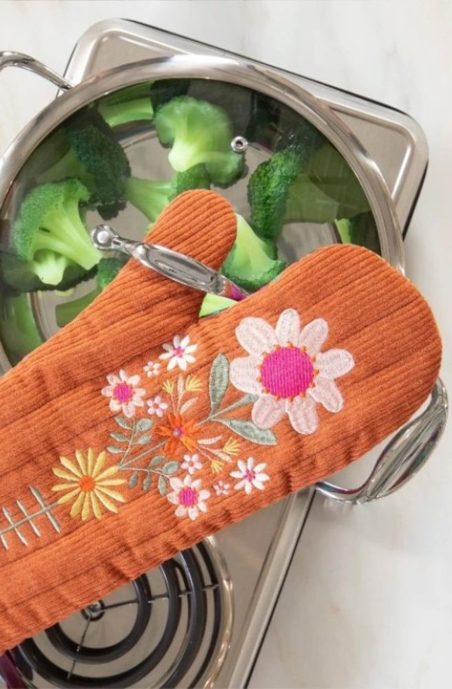 Quilted Oven Mitt Bake Happy Rust Floral, Floral Embroidery Cotton Corduroy