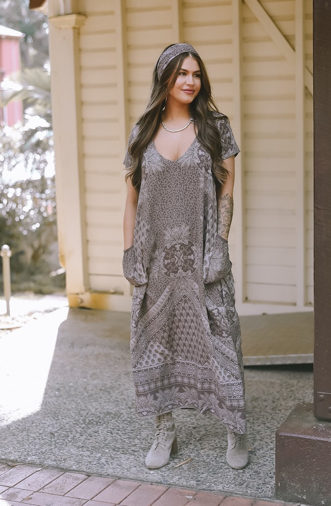 Raya Dress, Vintage Batik Style Print in Taupe Brown