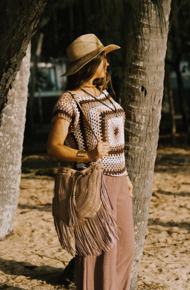 Retro Crochet Top, Side View Soft Crew Neckline and Short Sleeves