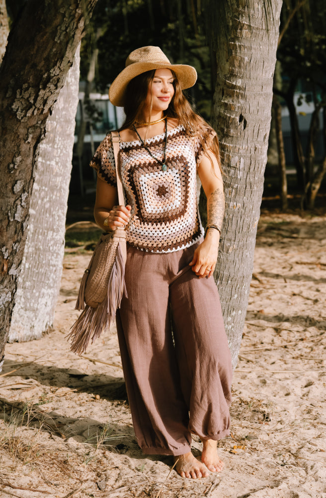 Retro Crochet Top, Brown Cream and Caramel Colour Palette