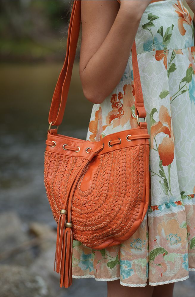 Riverstone Leather Bag Orange, Artisan Leather Shoulder Bag