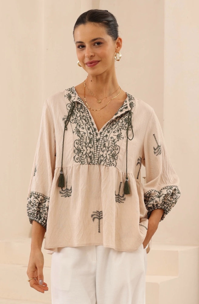 Sahara Palms Blouse, Boho Resort Style Womens Top