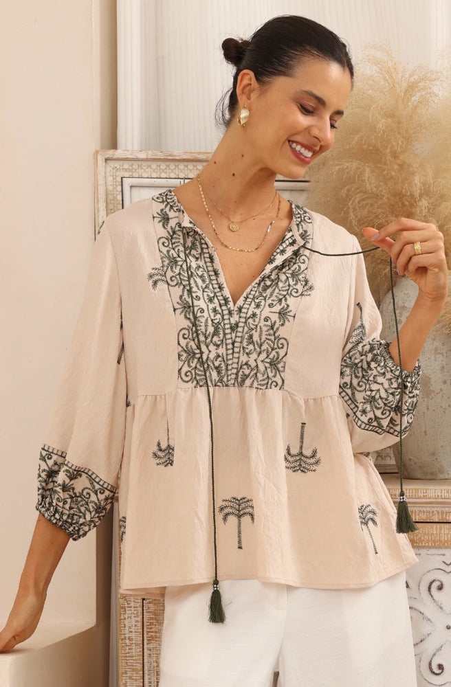 Sahara Palms Blouse, V neckline with tassel ties