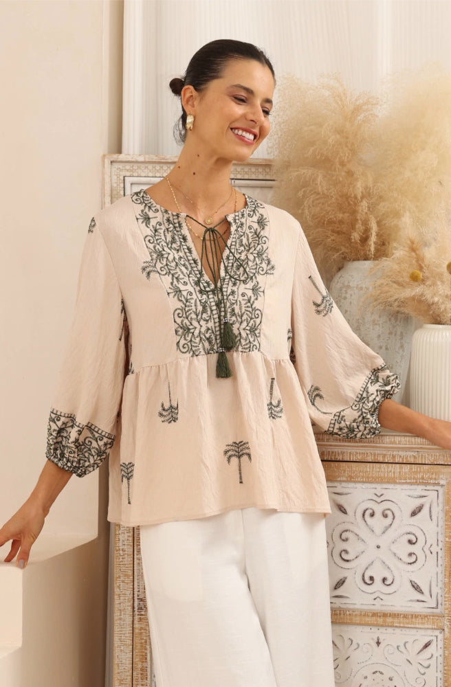 Sahara Palms Blouse, Light Tan Base with Dark Green Embroidered Palm design