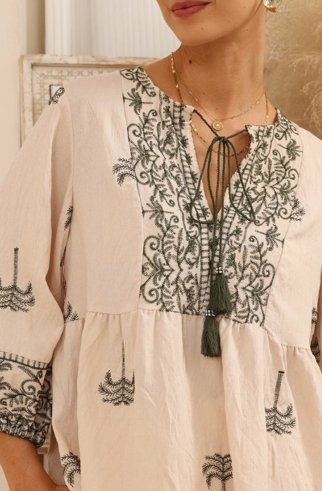 Sahara Palms Blouse, border design placement through bust and cuffs