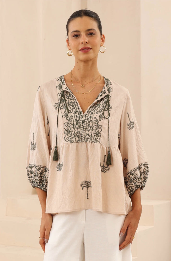 Sahara Palms Blouse, Three Quarter Length Sleeves, Elasticated Cuffs