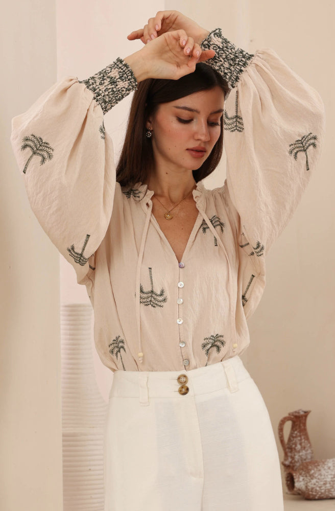 Sahara Palms Blouse Shirred Cuff, Button through front with v neckline