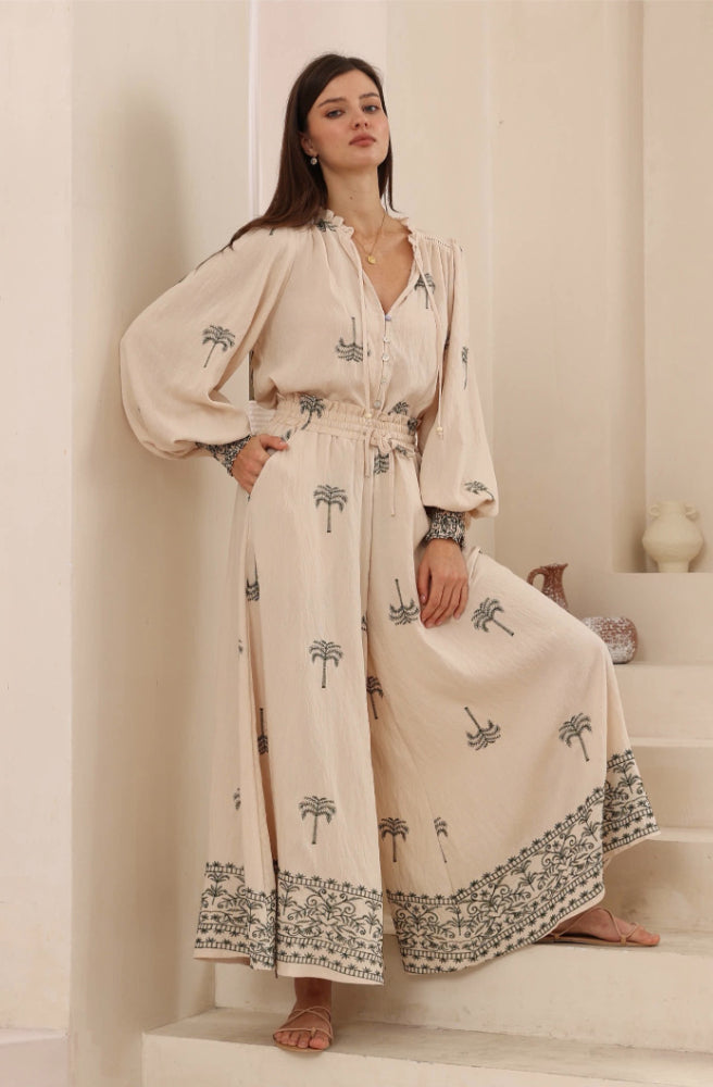 Sahara Palms Blouse Shirred Cuff, Women's Boho Resort Style Matching Set Option