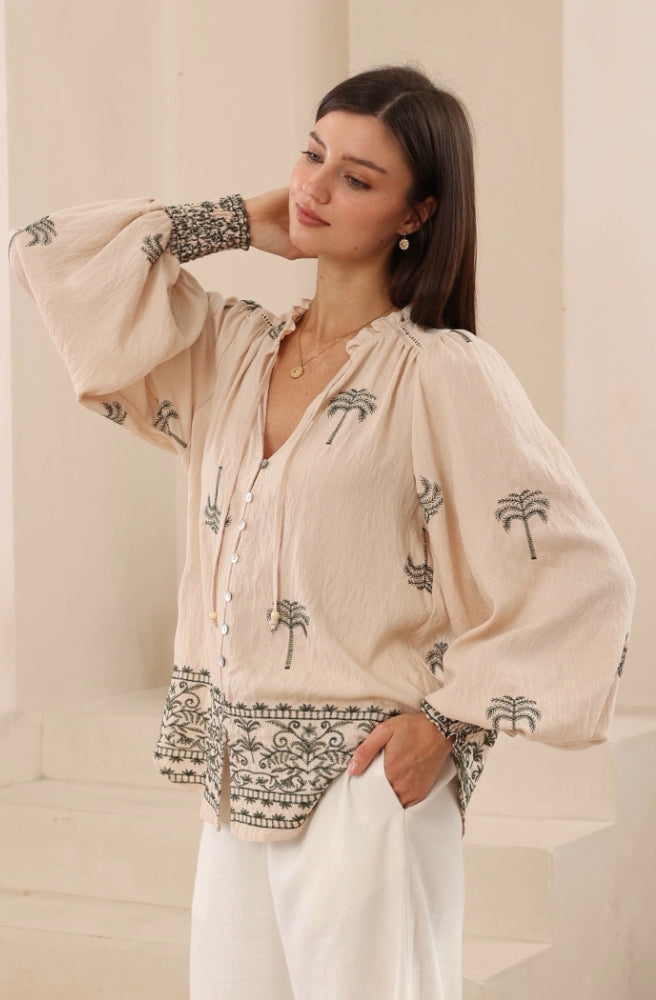 Sahara Palms Blouse Shirred Cuff, Side View, Long Balloon Sleeves and Elasticated Cuffs