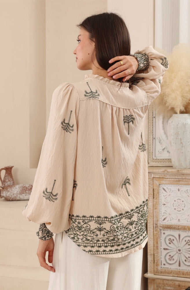 Sahara Palms Blouse Shirred Cuff, Rear View, Border Print Placement on Curved Hem