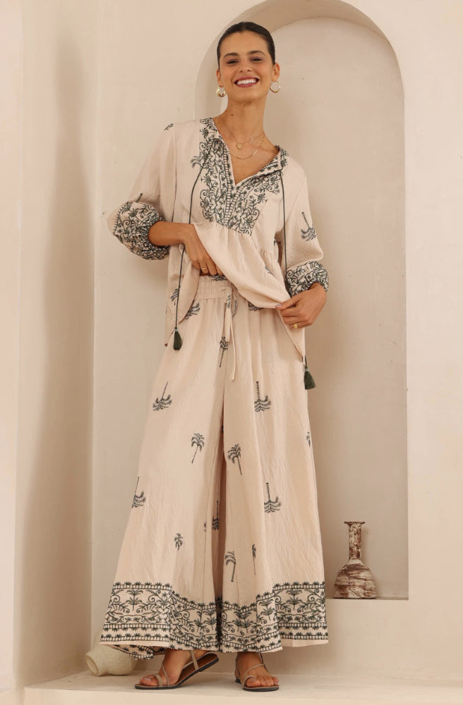 Sahara Palms Maxi Pants, Wide Flared Leg High Waisted