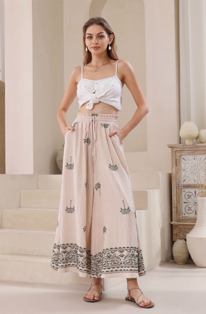 Sahara Palms Maxi Pants, Light Tan Base with Dark Green Palm Tree Embroidery and Border
