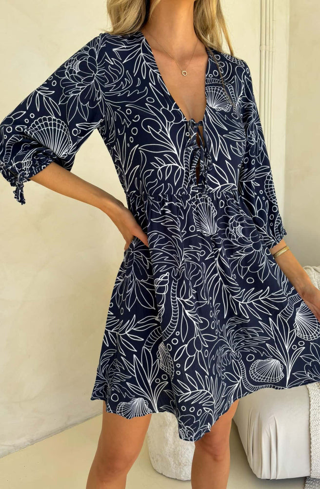 Sea Vine Print Kesia Mini Dress, Close Up Detail of Navy and White Coastal Style Print