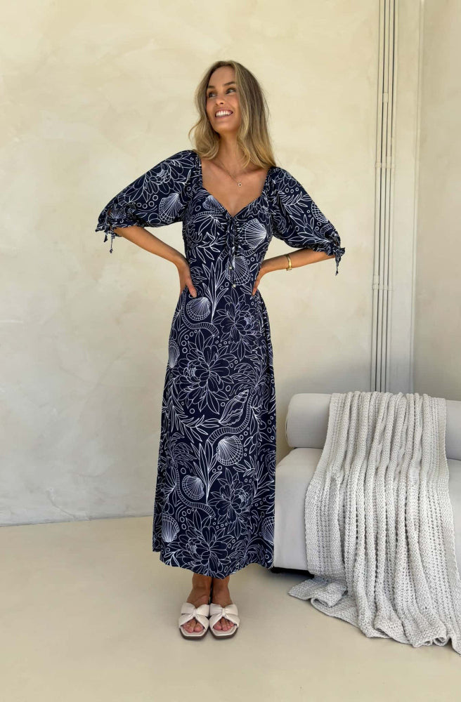 Sea Vine Print Olivia Maxi Dress, Floaty elbow-length sleeves with tie-up cuffs