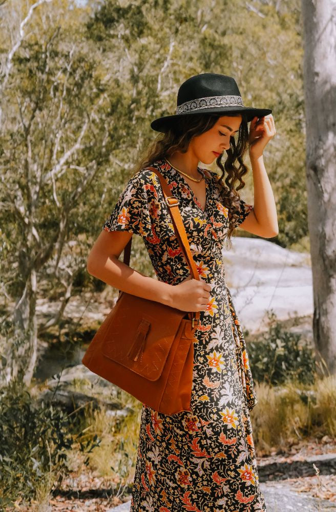 Seraphina Nymph Wrap Dress, Boho Resort Style with Leather Bag