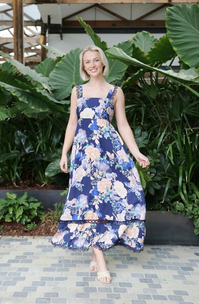 Sirocco Bloom Strappy Maxi Dress, Boho Resort Style Women’s Maxi with Lace Trim