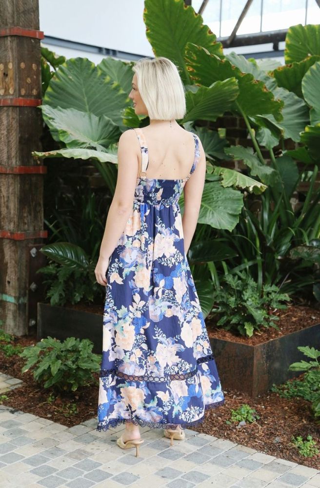 Sirocco Bloom Strappy Maxi Dress, Flowing Floral Maxi Rear View