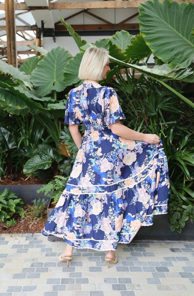 Sirocco Bloom Tier Maxi Dress, Relaxed Fit Rear View with Floral Print