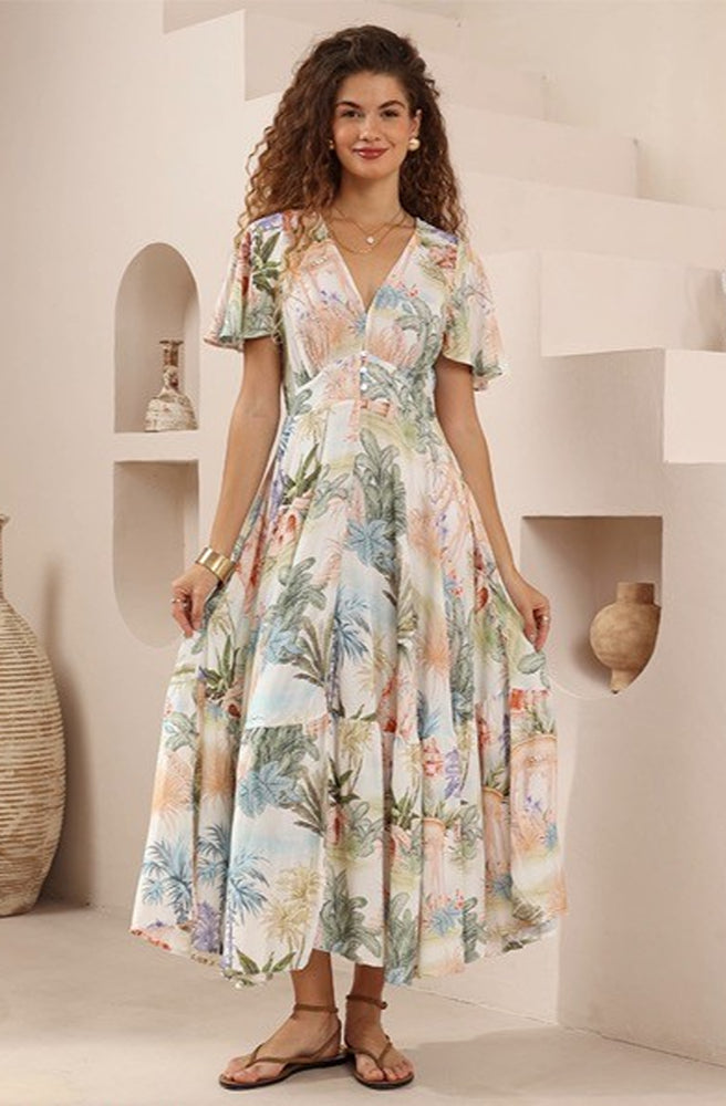 Summer Palms Maxi Dress, Tropical Boho Print Women’s Maxi