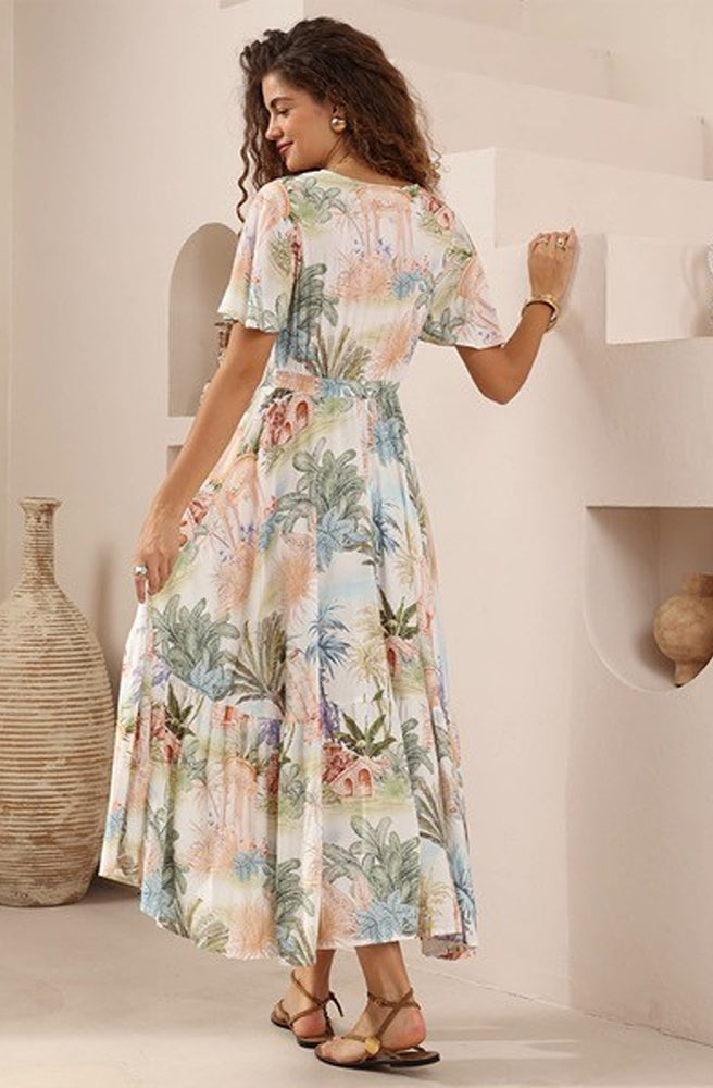 Summer Palms Maxi Dress, Rear View with Flowing Skirt and Tie Back