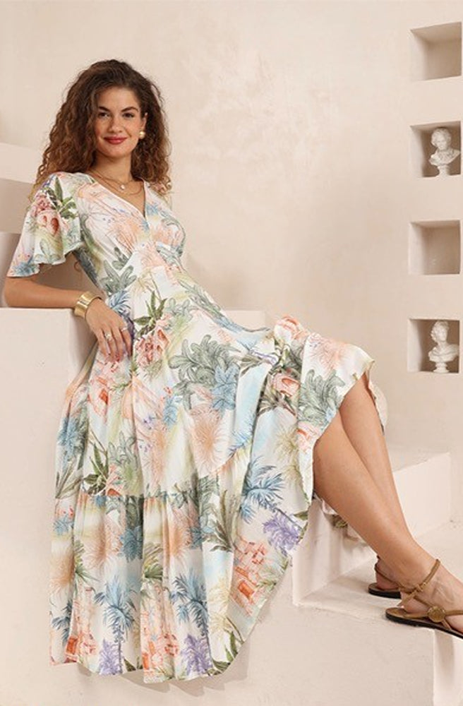 Summer Palms Maxi Dress, Coastal Inspired Maxi Dress with Green Palm Motif