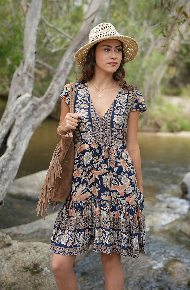 Velvet Suede Bag, suede bag paired with floral mini dress