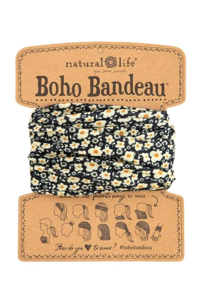 Boho Bandeau Black Cream Floral, Stretch Knit Headband