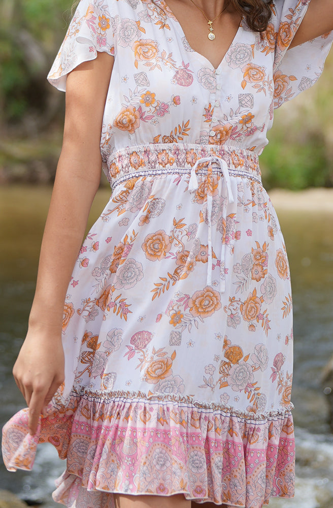 Whitehaven Blossom Dress, Relaxed Fit Midi with Ruffle Hem