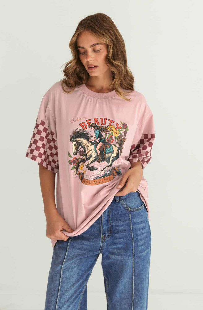 Wild West Tee Pink, Baby Pink Colour Vintage Graphic and Checkered Sleeves