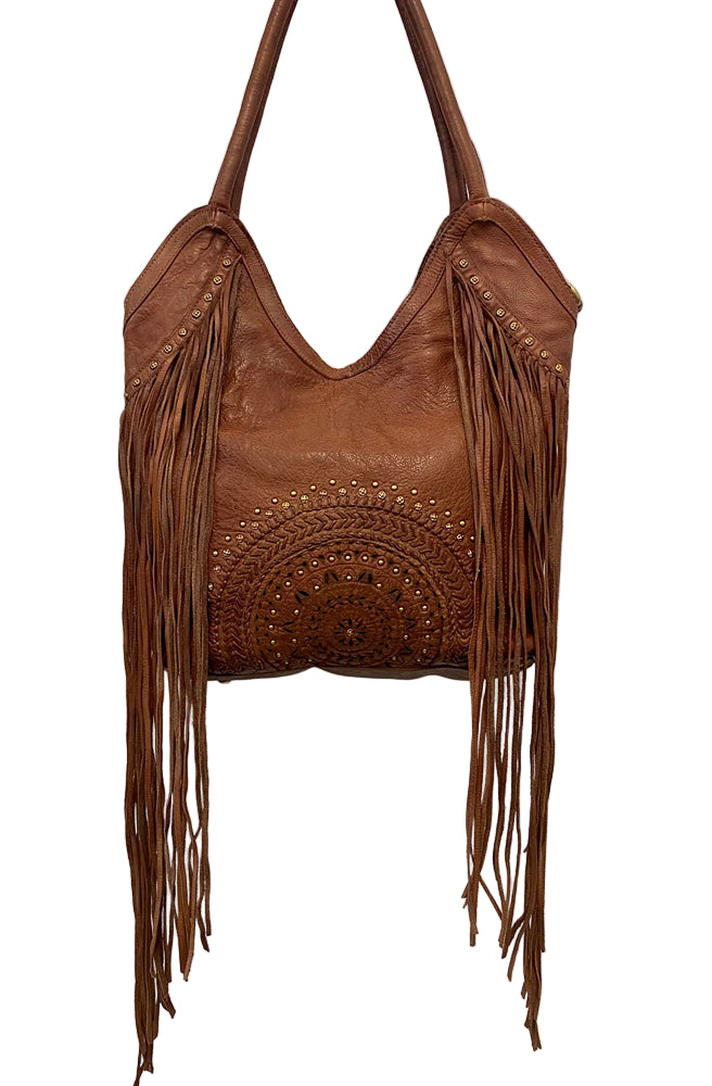 Wilder Tassel Tote Oak, close up detail view