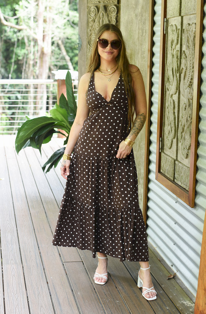 Polkadot Brown Seeker Dress Boho Brown Maxi Dress Rayon – Tonketti