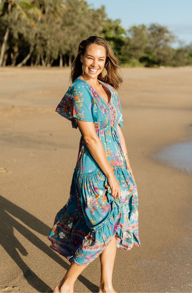 Teal Enchanted Forest Nicki Midi Dress Boho Rayon Dress Tonketti Teal Enchanted Forest Nicki Midi Dress Boho Rayon Dress Tonketti