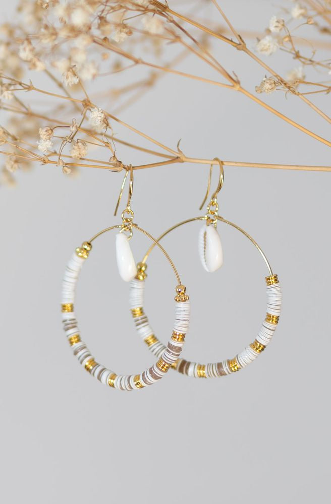 Ivory Shell Round Hoop Earrings Cowrie Shell Disc Beads Coastal Boho Design  – Tonketti