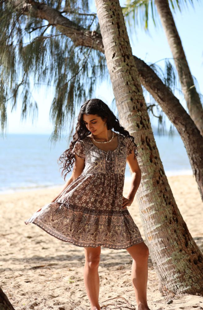 Chocolate Sunday Baby Doll Mini Dress, Boho Style