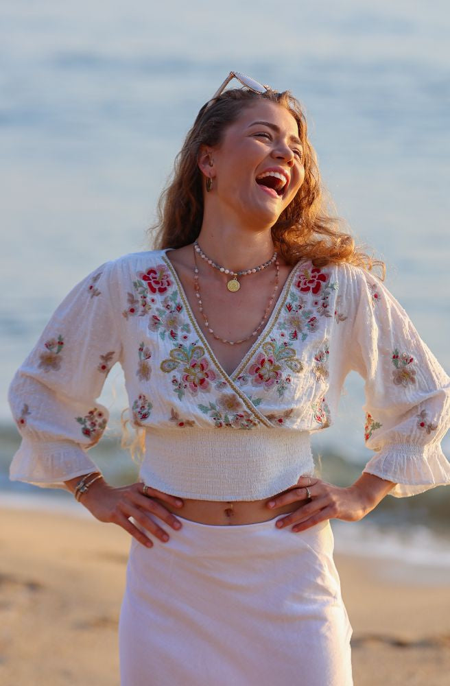 Olivia Blouse Bohemian Cropped Style Embroidered Shirred Waist