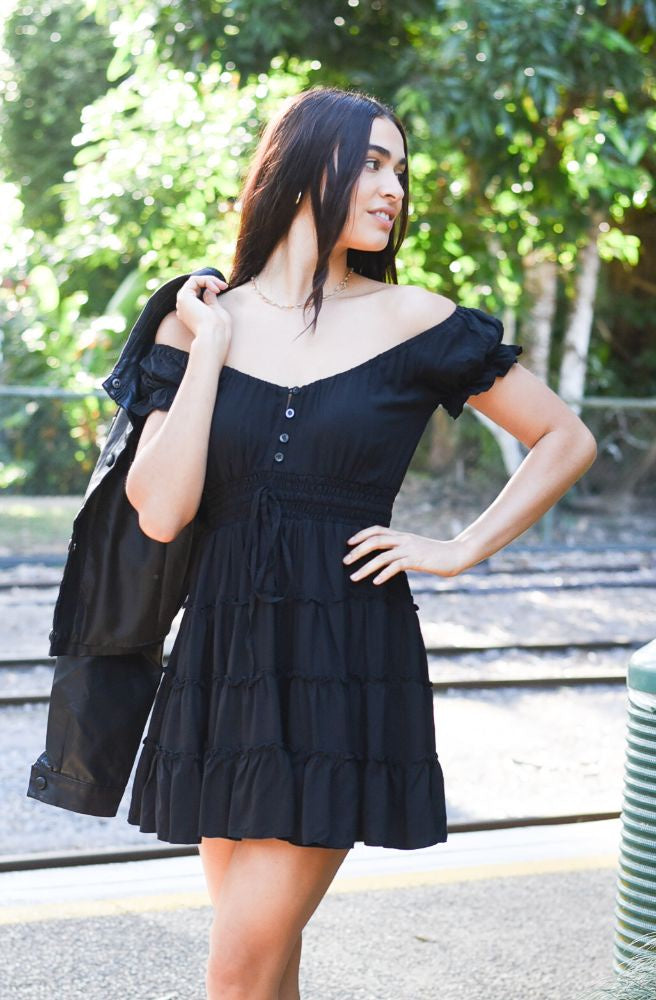 Ebony Maggie Dress, Black Colour Mini Tiered Skirt