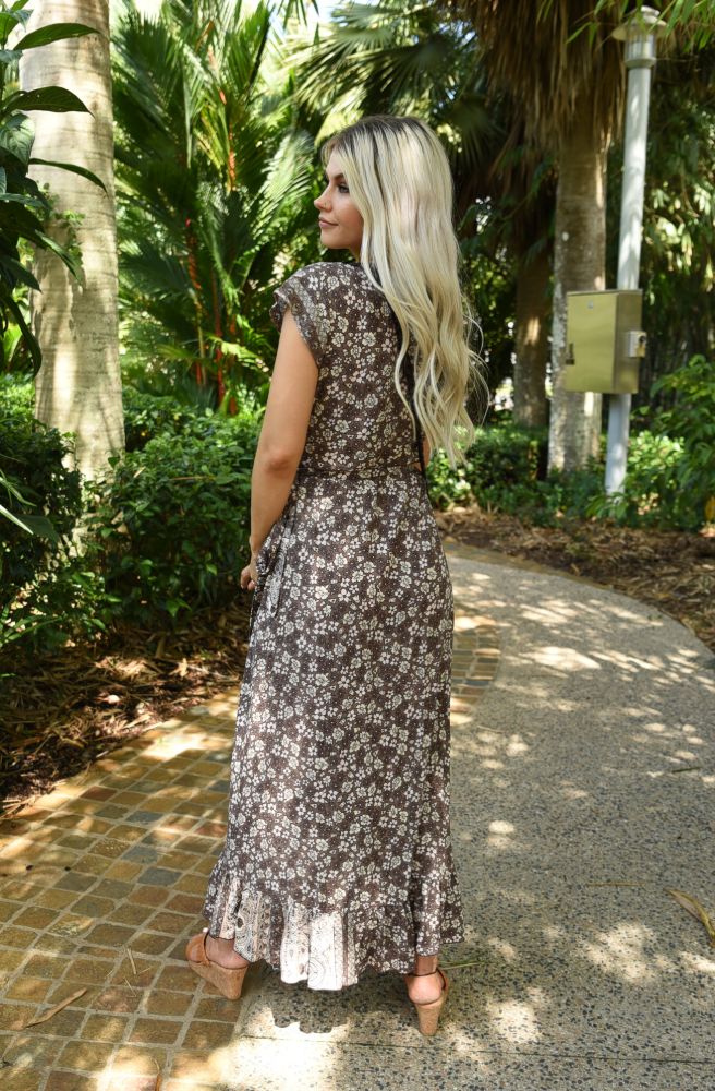 Chocolate Sunday Bettle Wrap  Dress, brown  and white floral print