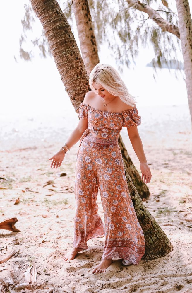 midi and full length red ochre floral print bohemian pants