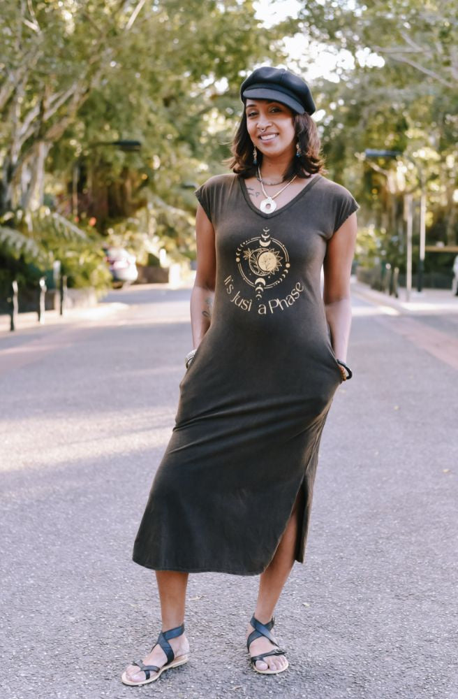 womens boho midi length tee shirt dress black