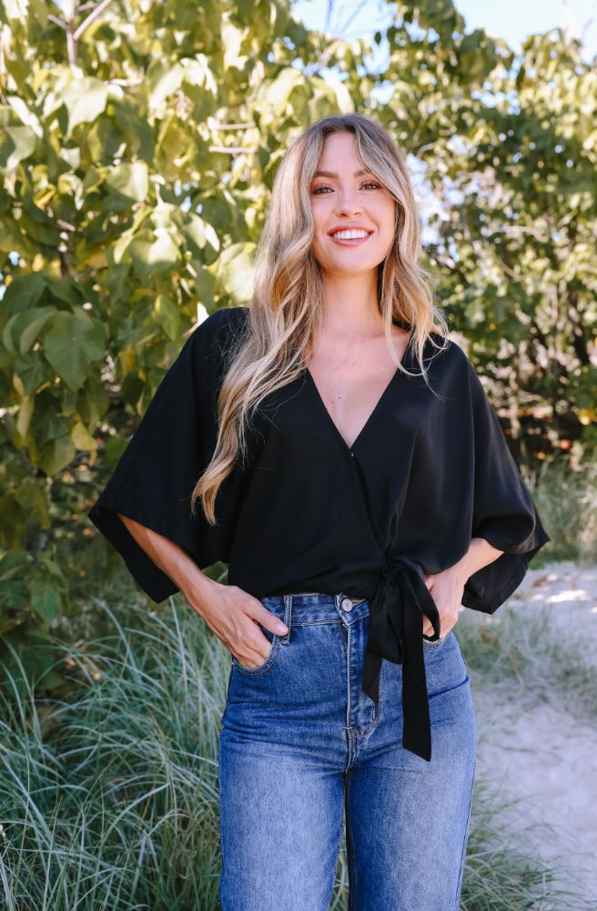 Ebony Shazza Top, Everyday Black Blouse with Tie Front Detail